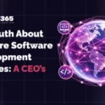 Illustrated banner showing global offshore software development concept with connected world network, purple and pink gradient background, representing distributed engineering teams and strategic outsourcing in 2026.