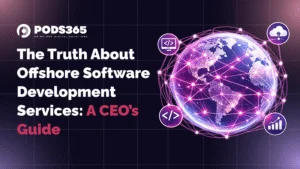 Illustrated banner showing global offshore software development concept with connected world network, purple and pink gradient background, representing distributed engineering teams and strategic outsourcing in 2026.