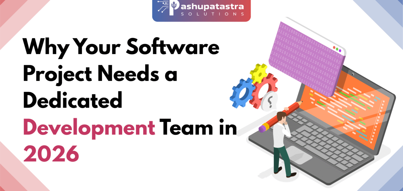 Blog Banner for Website Content (6) Editorial style blog banner with left aligned title space and right side flat illustration of software dashboards and architecture elements representing a dedicated development team strategy.