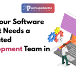Editorial style blog banner with left aligned title space and right side flat illustration of software dashboards and architecture elements representing a dedicated development team strategy.