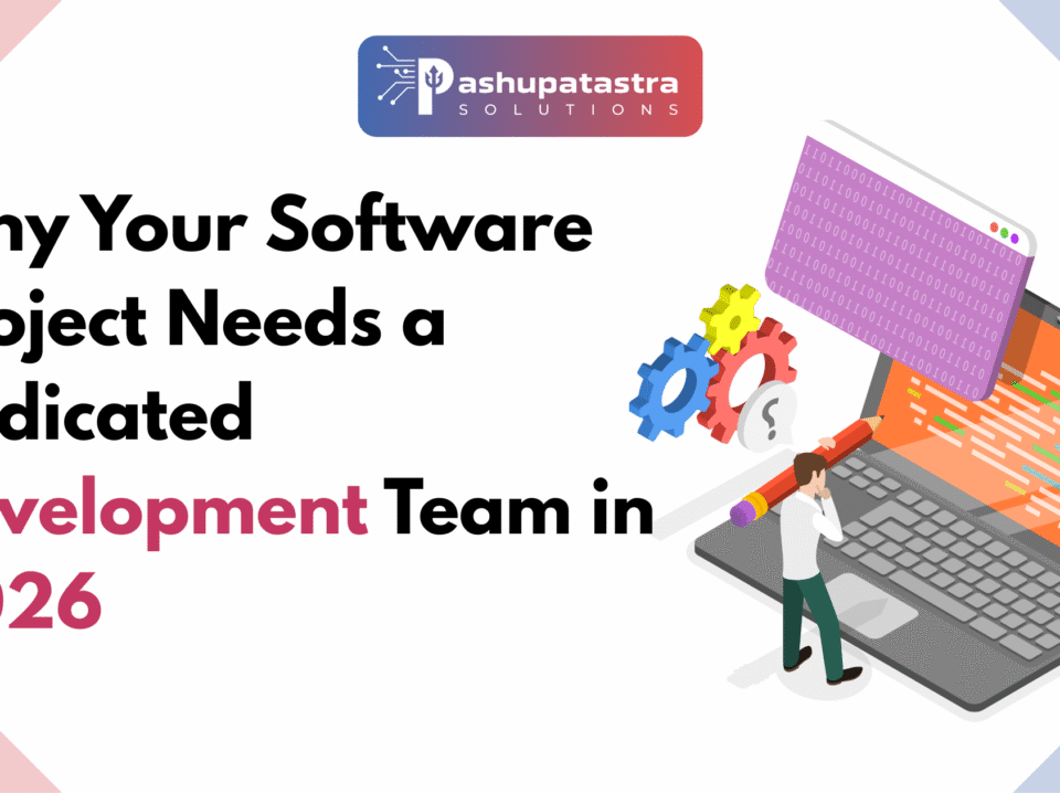 Blog Banner for Website Content (6) Editorial style blog banner with left aligned title space and right side flat illustration of software dashboards and architecture elements representing a dedicated development team strategy.