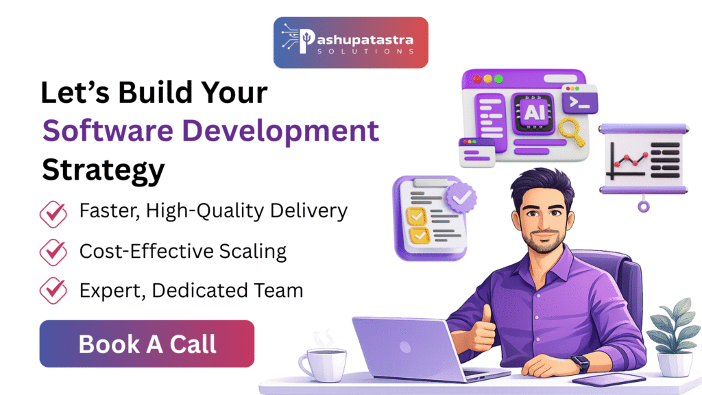 Promotional  banner with headline ‘Let’s Build Your Software Development Strategy,’ key benefits list, Book A Call button, and an illustrated professional using a laptop with AI and analytics visuals.
