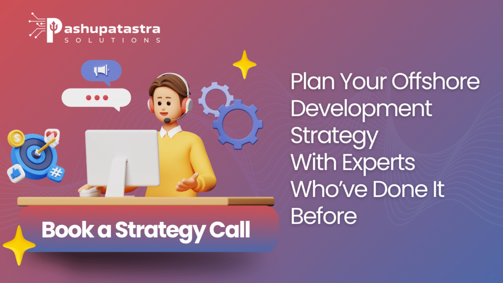 Strategy call booking banner featuring professional tech consultant illustration with global software development icons and purple pink gradient, promoting offshore development consultation.