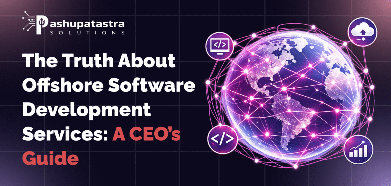 Illustrated banner showing global offshore software development concept with connected world network, purple and pink gradient background, representing distributed engineering teams and strategic outsourcing in 2026.