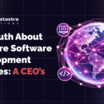 Illustrated banner showing global offshore software development concept with connected world network, purple and pink gradient background, representing distributed engineering teams and strategic outsourcing in 2026.