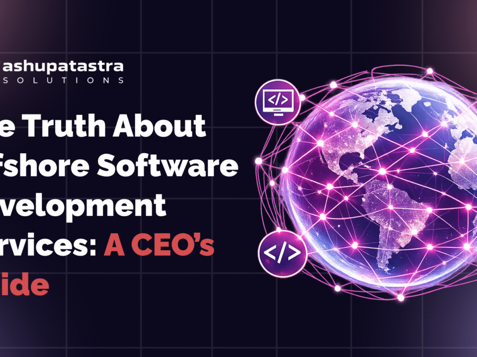 Illustrated banner showing global offshore software development concept with connected world network, purple and pink gradient background, representing distributed engineering teams and strategic outsourcing in 2026.